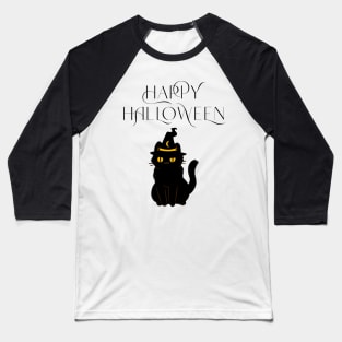 Cute Happy Halloween Black Cat Witch Hat T-Shirt/Halloween Apparel/Black Cat Merchandise/Fall Festival Material Baseball T-Shirt